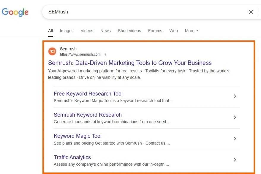 Google search result for keyword ”SEMrush” informing data-driven SEO strategy adjustments for content optimization