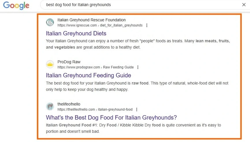 Google search result for keyword “best dog food for Italian greyhounds” to assist SEO strategy changes
